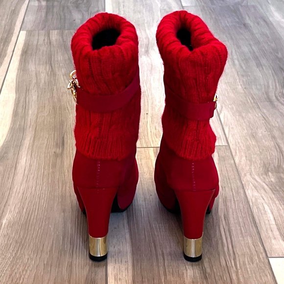 New BBLAN Red Suede Heeled Fashion Booties, Knit Fold-Over, Gold Accents US 7.5 - Picture 4 of 7